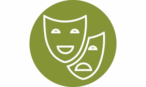 White icon of two theatre masks on a green background