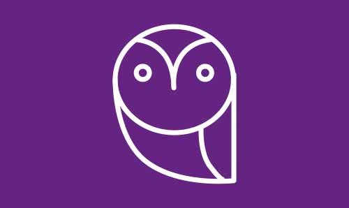 White icon of an owl on a purple background