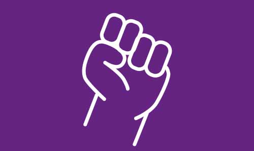 White icon of a closed fist on a purple background